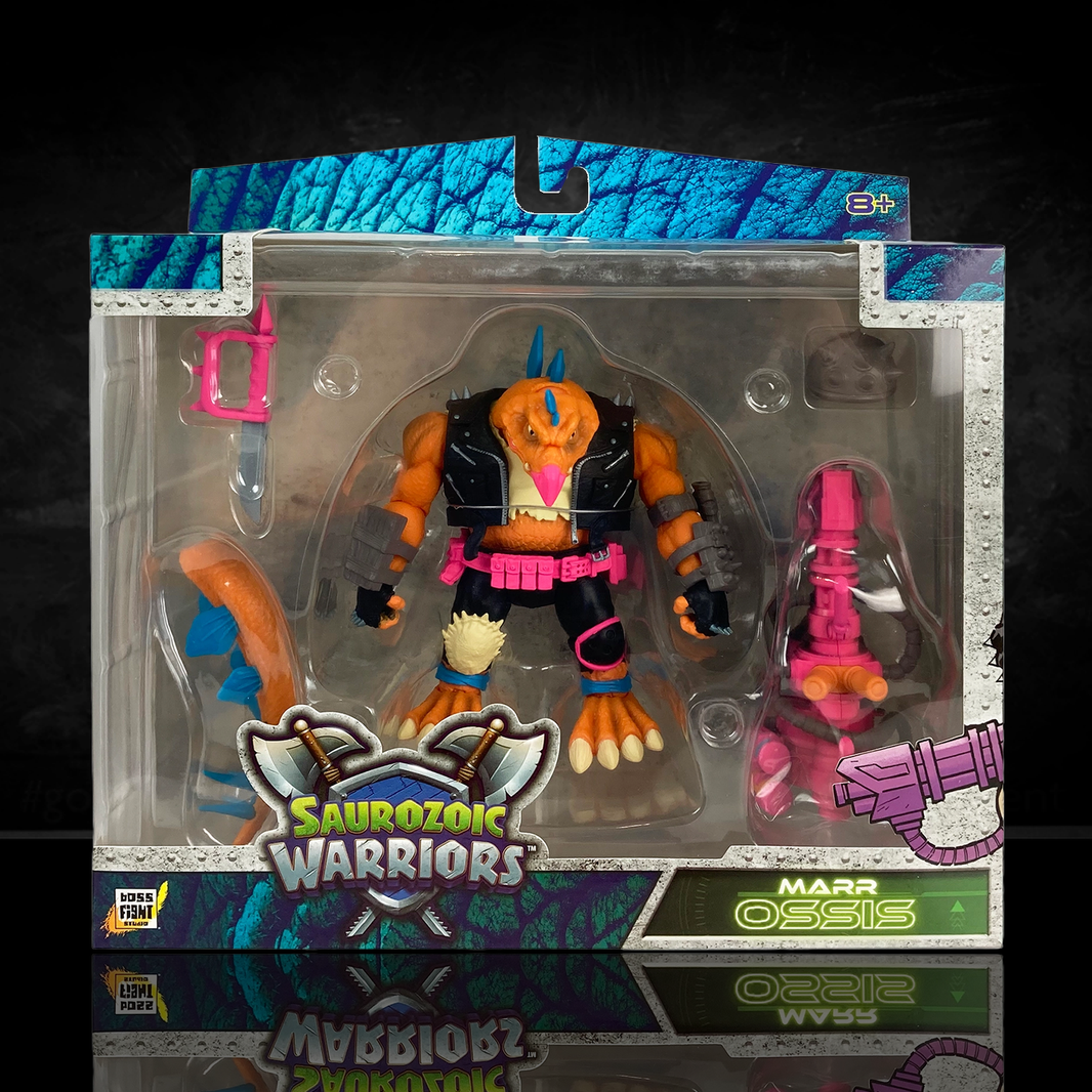 Articulated Marr Ossis dinosaur figure holding a massive pink and grey mega blaster. This 6-inch scale Spinosaurus warrior is posed dynamically, showcasing detailed reptilian scales and punk-rock inspired combat gear.