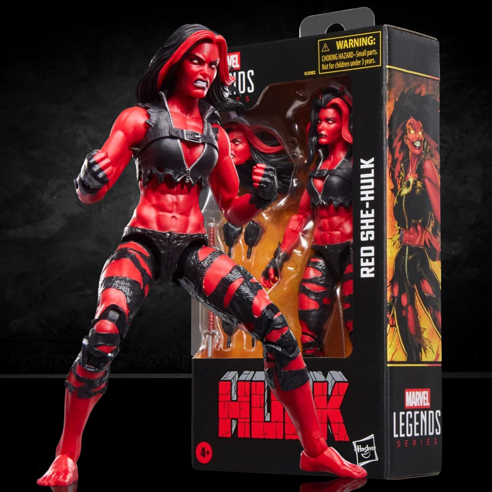 Hasbro Marvel Legends 6-inch Red She-Hulk figure with ripped black outfit and muscular red body beside branded packaging