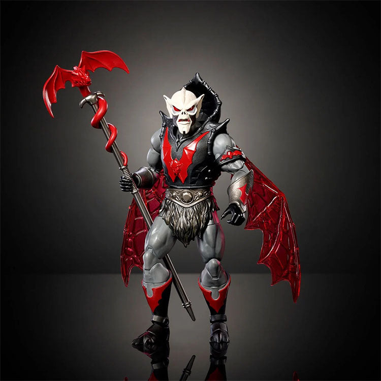 Hordak Masters of the Universe Masterverse action figure by Mattel with red wings and staff against dark background