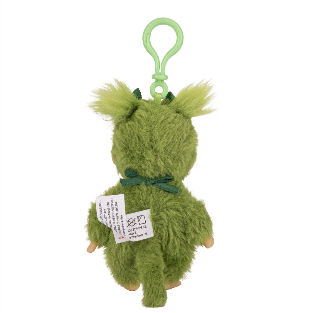 Back view of a green fuzzy plush keychain with a hanging loop tags and tan feet