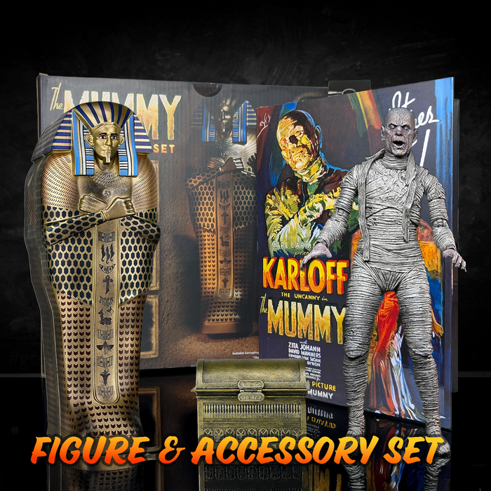 NECA Universal Monsters Ultimate Mummy 7" Figure & Accessory Pack Combo - New with detailed wrapped figure and sarcophagus box display