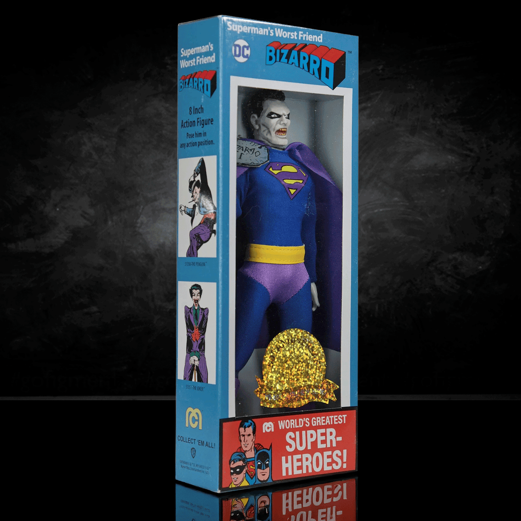 Bizarro 50th Superman Retro Style Articulated Mego Action Figure 8 inch packaged by Mego collectible toy