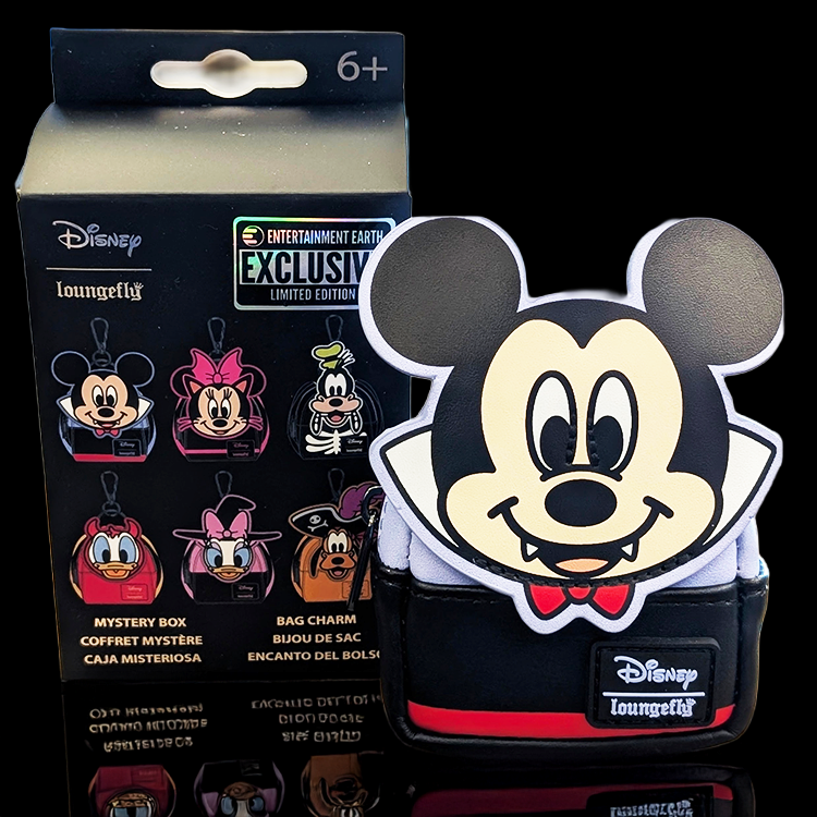 Loungefly Disney Halloween mini-backpack bag charm featuring vampire Mickey Mouse in collectible mystery box packaging