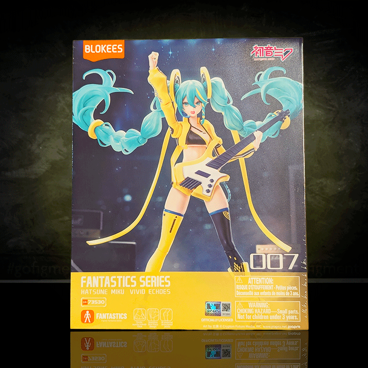 Blokees Hatsune Miku Vivid Echoes model kit from Fantastics Series holding a guitar in vibrant dynamic pose