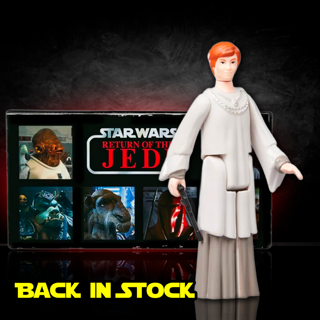 Kenner Mon Mothma Star Wars Retro Collection ROTJ action figure standing in front of vintage Return of the Jedi box