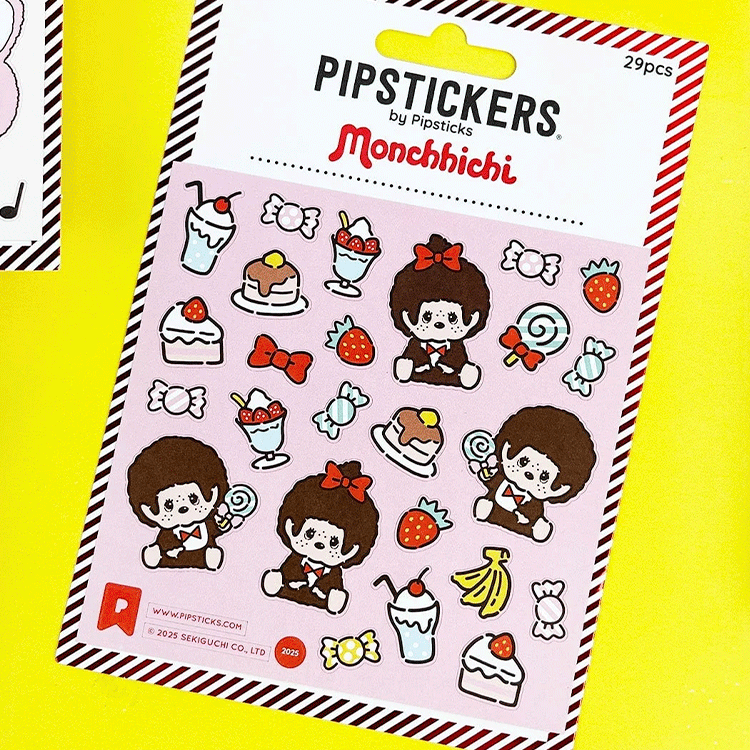 PipStickers Monchhichi PVC sticker sheet featuring kawaii characters, desserts, fruits, and candy with pink background