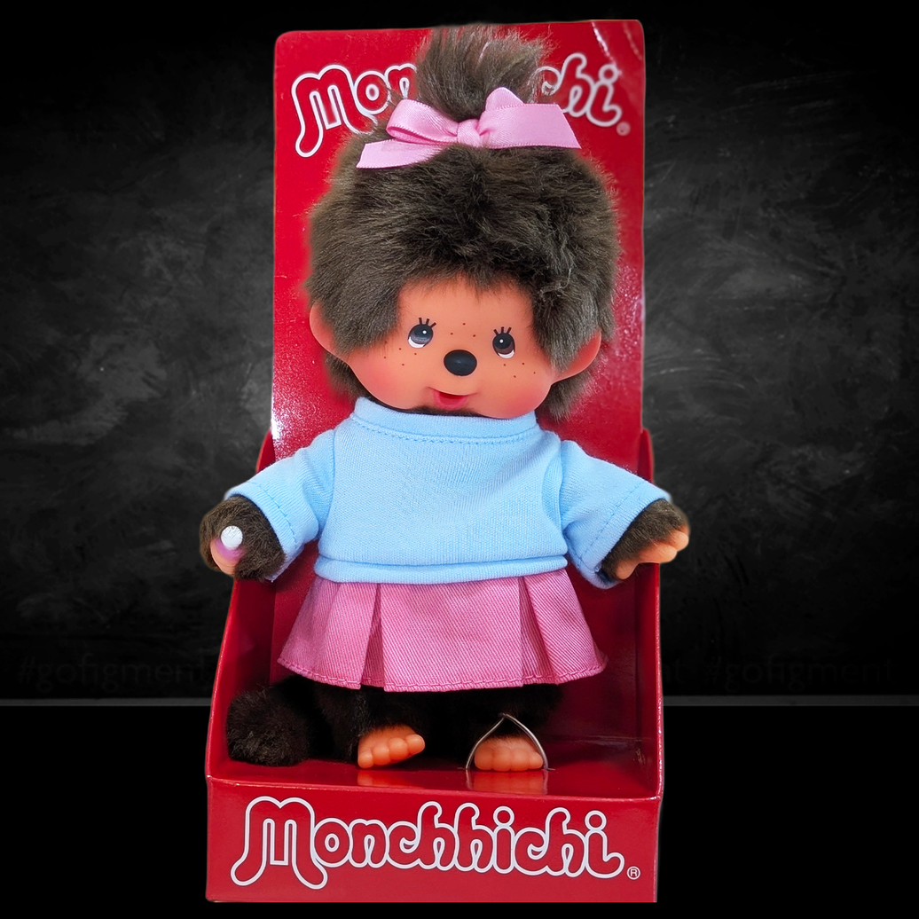 Official Sekiguchi 8-inch Monchhichi Girl Pretty in Pink plush doll collectible, often searched as a Monchichi monkey toy.