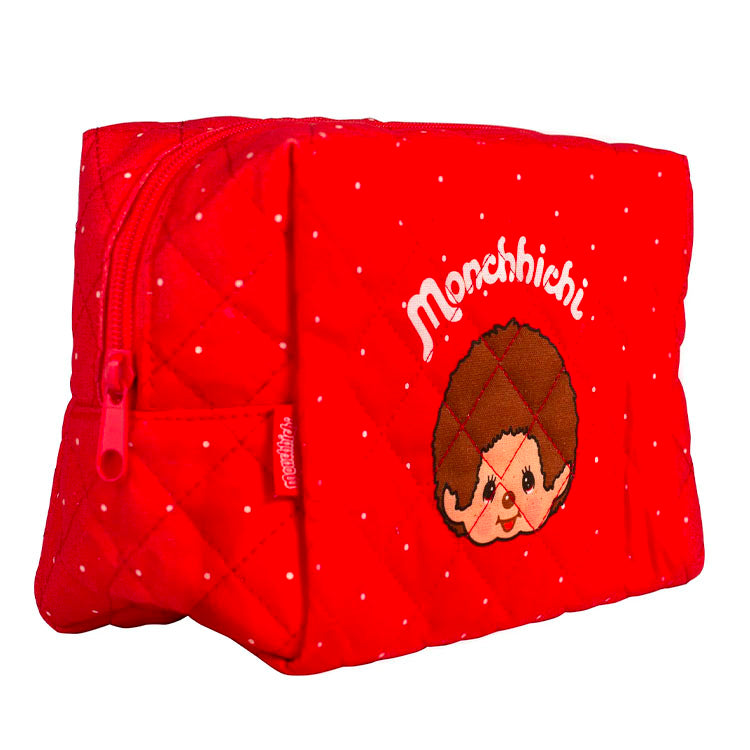 Sekiguchi Monchhichi 7 inch red quilted zipper pouch featuring classic boy character embroidery