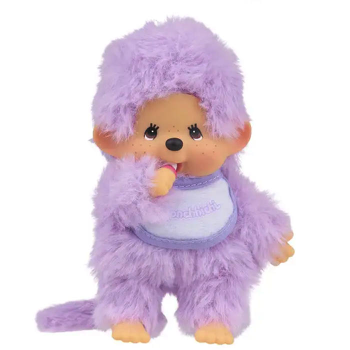 Sekiguchi Monchhichi royal purple plush monkey with soft fur, pacifier, and detailed plastic face and hands.