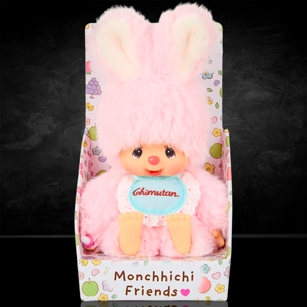 Small 4.75-inch Sekiguchi Monchhichi Chimutan plush doll in pastel pink bunny costume in display box