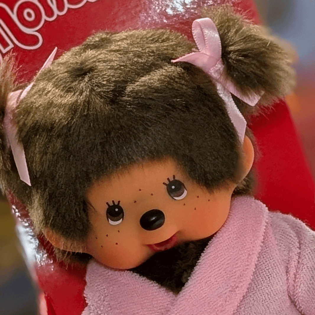 8" Large Monchhichi Doll - Girl in Pink Bathrobe - Authentic Monkey Plush, NWT
