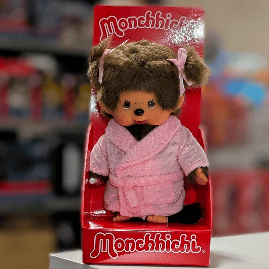 8" Large Monchhichi Doll - Girl in Pink Bathrobe - Authentic Monkey Plush, NWT