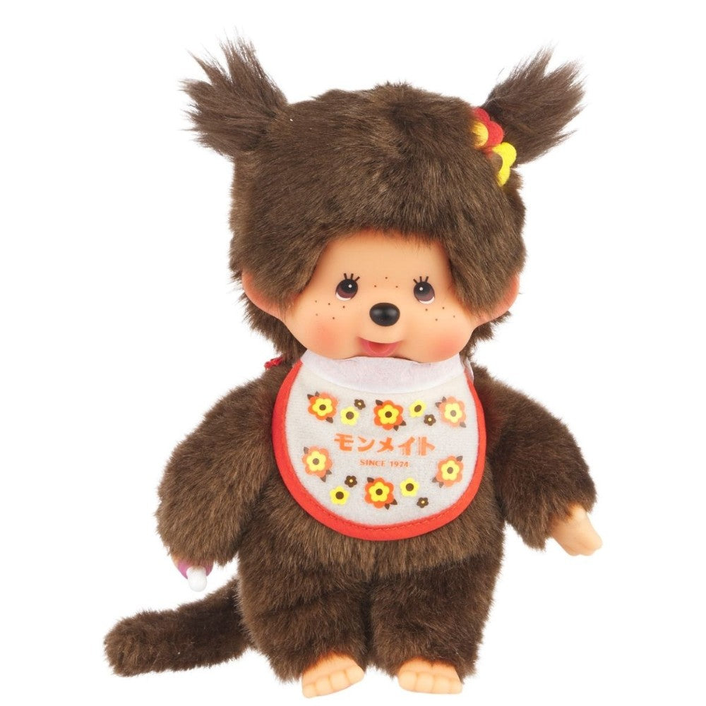 8" Large Monchhichi Doll - Retro Monmate Girl - Authentic Monkey Plush, NWT by Sekiguchi with floral bib