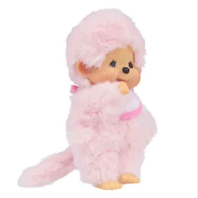 Sekiguchi Monchhichi plush doll in soft pink colorful beanie with signature pacifier accessory, 5.5 inches tall.