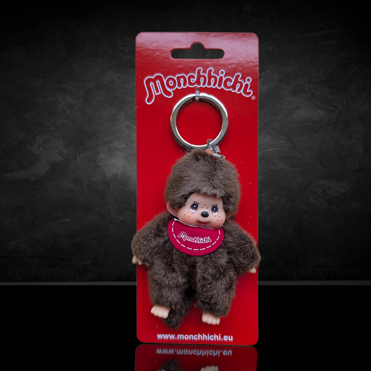 Sekiguchi Monchhichi Classic Boy keychain with red bib, soft plush, 4-inch collectible charm on metal ring.