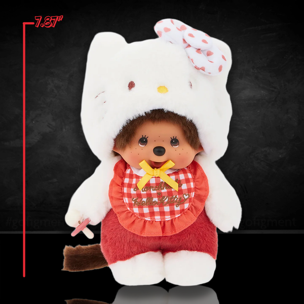 Monchhichi plush dressed in Hello Kitty costume with gingham bib and bow, 7.87 inches, Sekiguchi official collaboration