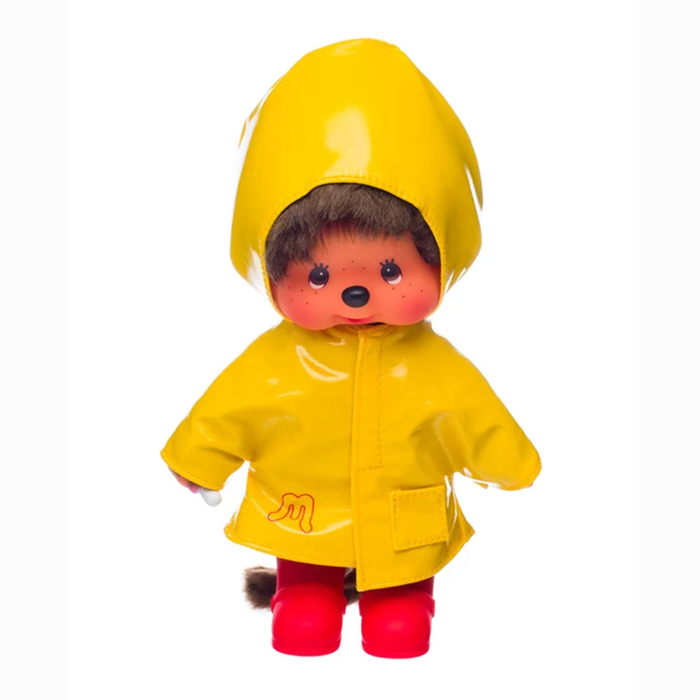 8" Monchhichi Yellow Raincoat Sekiguchi Plush Doll Boy with Brown Eyes