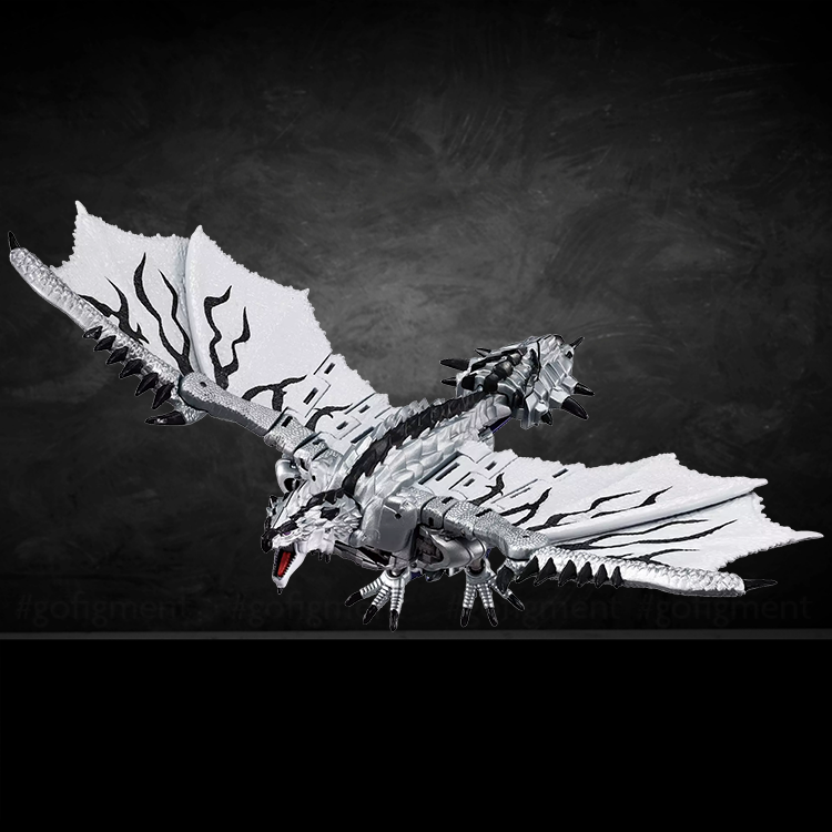 Silver Rathalos Prime figure in wyvern mode with detailed wings and articulated limbs against dark background