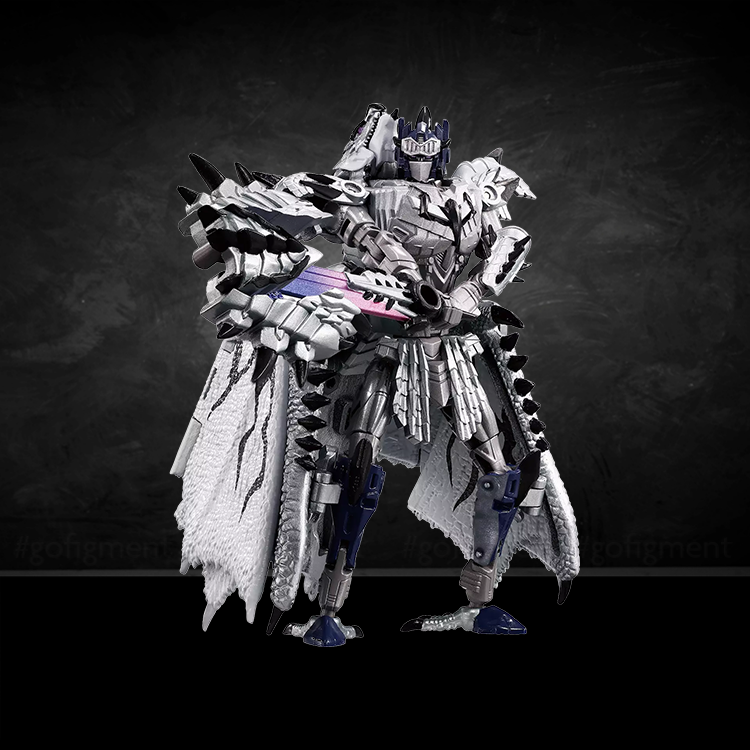 Silver Rathalos Prime action figure in detailed silver armor holding a sword with a regal cape against dark background