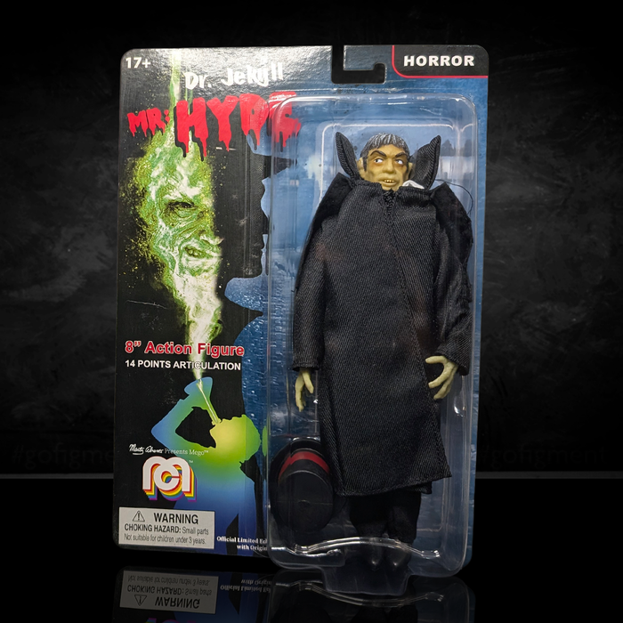 Mego 8-inch Mr. Hyde horror action figure from Dr. Jekyll with black cloak and 14 points of articulation in packaging