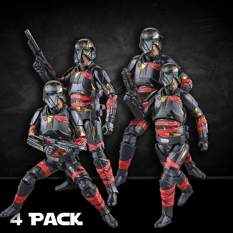 Four Hasbro Star Wars Black Series 6-inch Night Trooper figures with zombie jaw details and red armor accents.