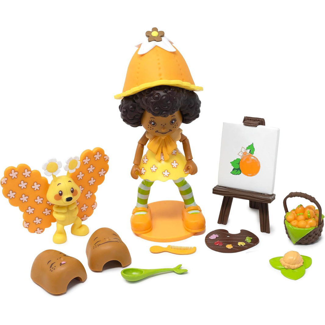 Boss Fight Studio Llc Orange Blossom figure with curly hair, orange hat, striped green socks, wings companion, painting set, and accessories