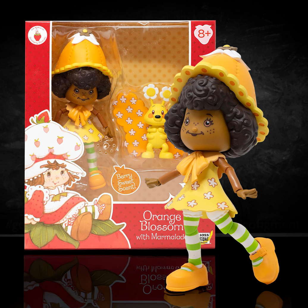 Boss Fight Studio Llc Orange Blossom figure with curly hair, yellow dress, striped leggings, flower hat, and Marmalade accessory