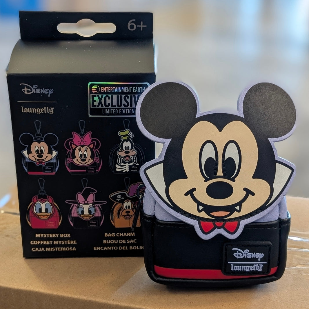 Loungefly Disney Mickey Mouse vampire mini backpack bag charm with working zipper and Halloween design.