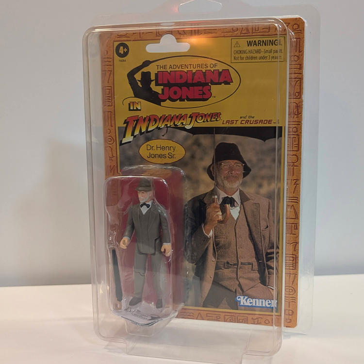 Hasbro Indiana Jones Dr. Henry Jones Sr. action figure in suit with bow tie from The Last Crusade retro blister card packaging