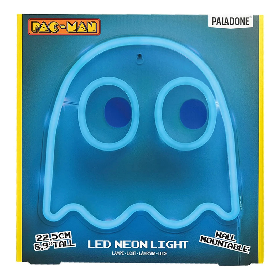 Pac-Man Ghost Wall Mountable LED Neon Light in blue glow packaged by Go Figment for nostalgic collectible display