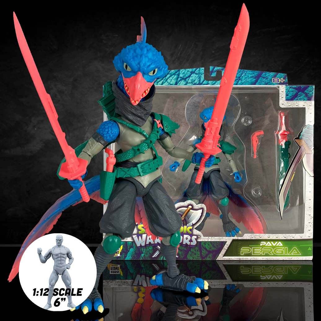 Pava Pergia Saurozoic Warriors action figure, a 6-inch scale Ninja Archaeopteryx. This feathered dinosaur warrior features teal and grey plumage, a black ninja mask, and holds two red tech-swords. 1:12 scale collectible from Boss Fight Studio