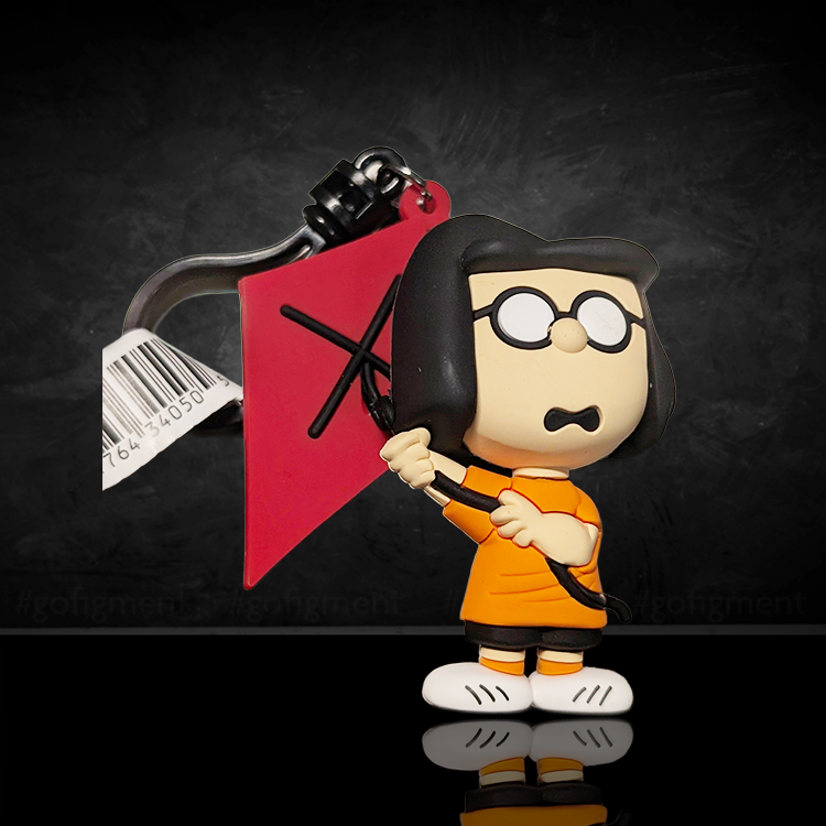 Monogram Peanuts 75th Anniversary Marcie 3D foam bag clip with orange shirt black shorts and red kite