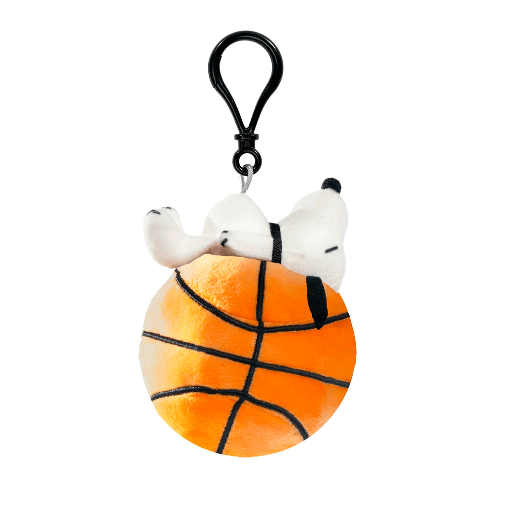 Go Figment plush Snoopy keychain hanging on basketball sports themed bag clip accessory