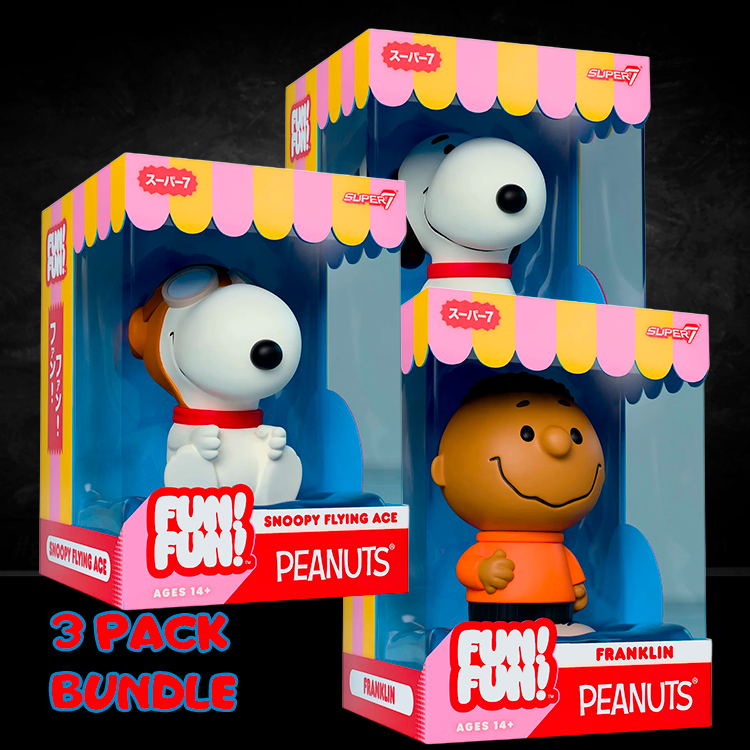 Funko Peanuts Fun Fun vinyl figures bundle featuring Snoopy as Flying Ace and Franklin characters in colorful packaging