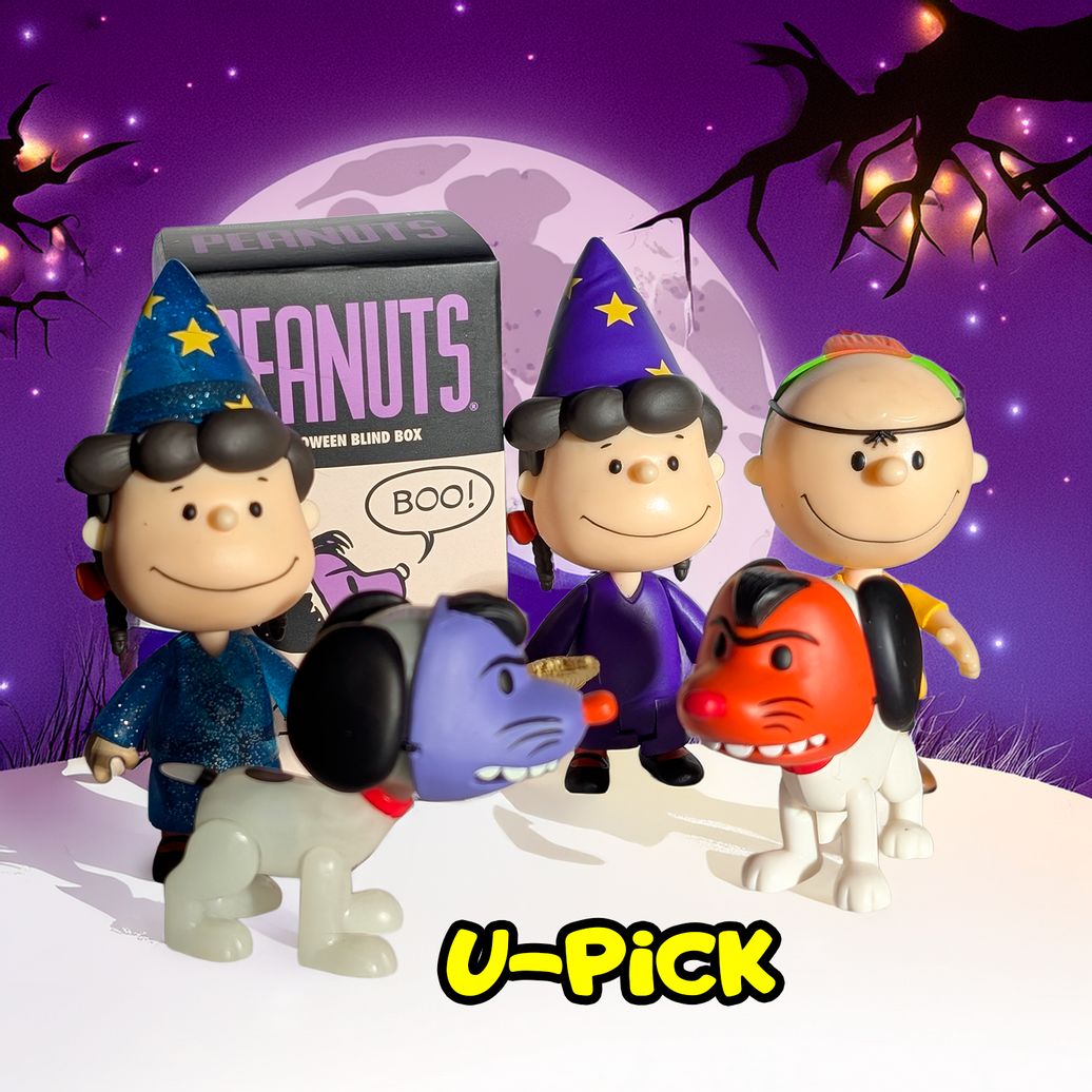Peanuts Halloween ReAction Figures by Go Figment with Charlie Brown and Snoopy in festive costumes against a spooky moonlit background