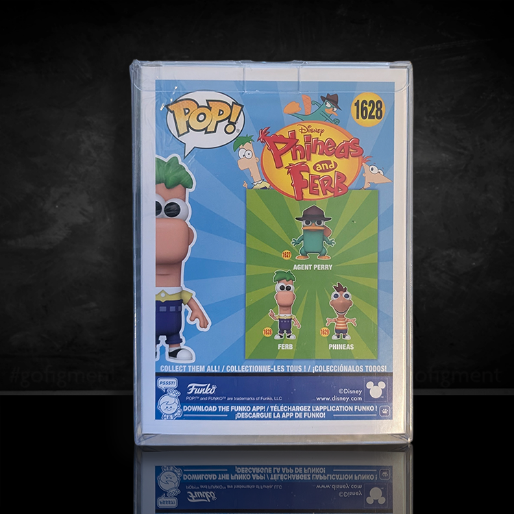 Funko Pop Phineas and Ferb vinyl figure box featuring Ferb #1628 with other characters on the back panel