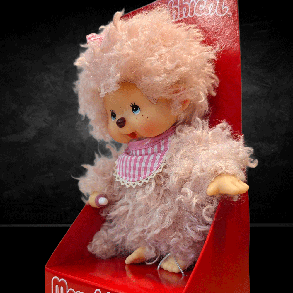 Sekiguchi Monchhichi 8-inch fluffy pink beige plush monkey with thumb in mouth and pink gingham bib in red display box