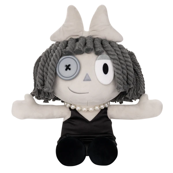Glitch Ragatha Noir plush doll with gray yarn hair, button eye, pearl necklace, and black dress sitting upright