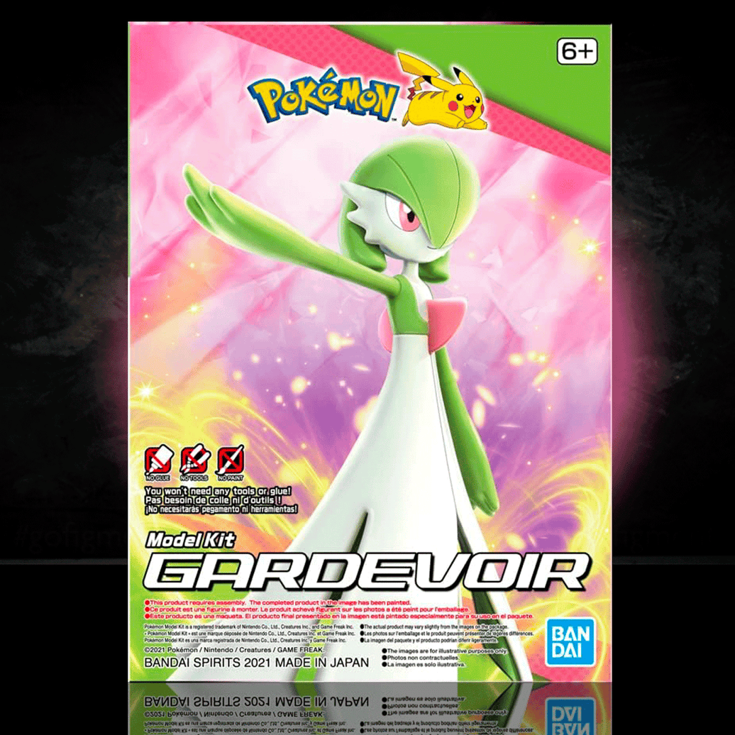 Bandai Spirits Gardevoir Pokémon model kit by Blokees featuring an easy assembly design with no glue required for ages 6 and up.