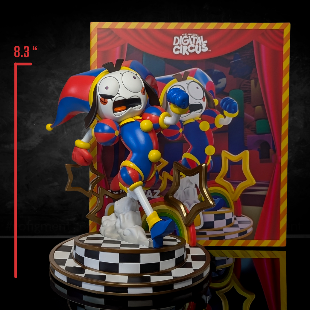 Pomni AniMEGAZ The Amazing Digital Circus 8 Inch Statue and Base/ Free Collector Case by Glitch with vibrant jester figure