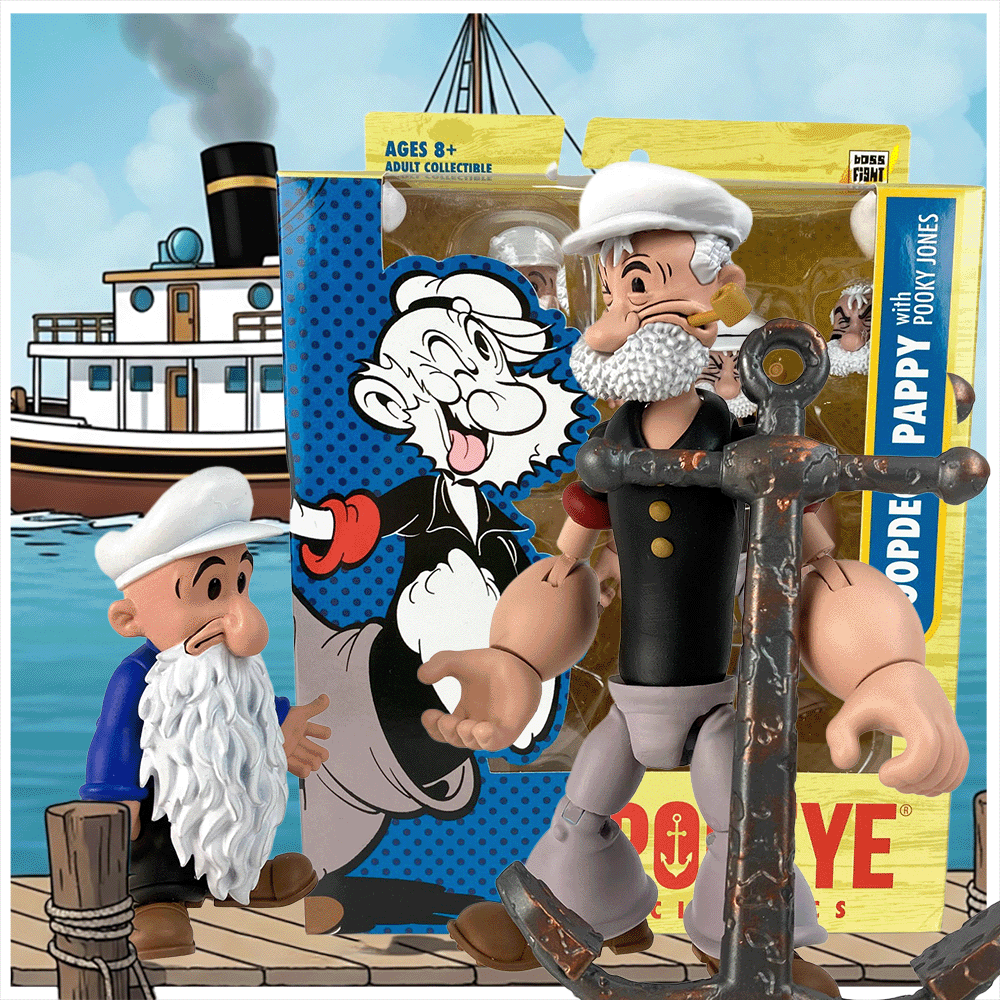 Boss Fight Studio Llc Poopdeck Pappy figure with white beard, sailor hat, black shirt, and detailed rusty anchor accessory