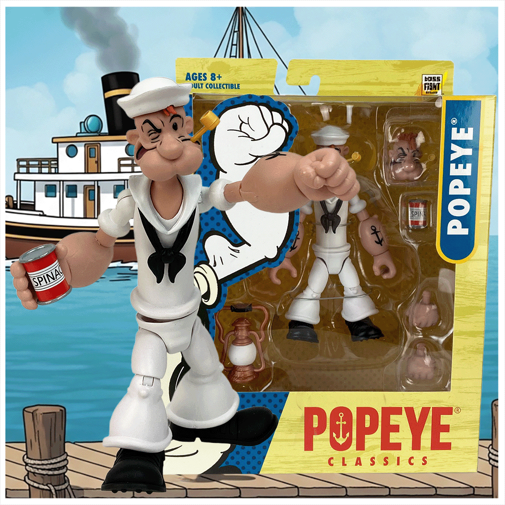 Boss Fight Studio Llc Popeye Classics action figure in all white sailor suit holding spinach can by steamboat backdrop