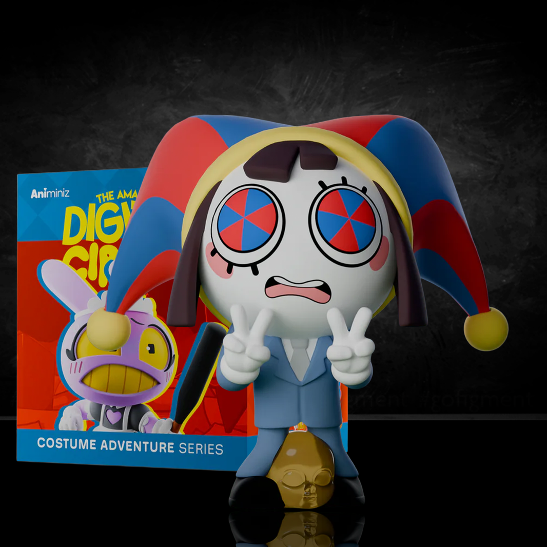 Glitch Animiniz figure from The Amazing Digital Circus wearing colorful jester costume with expressive eyes and raised hands