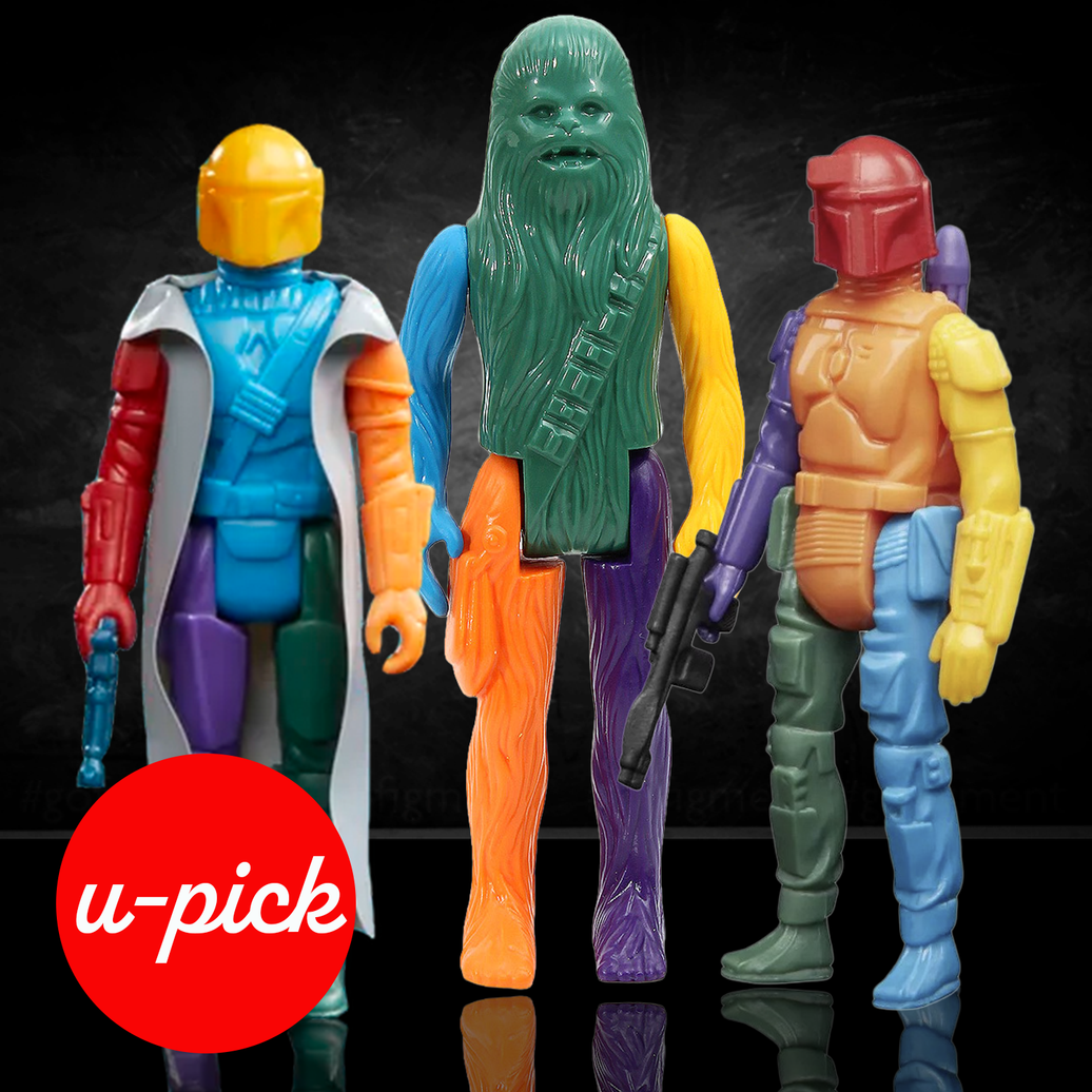 Three colorful Star Wars Retro Collection PROTOTYPE Action Figures U-PICK displayed with a black background by Go Figment
