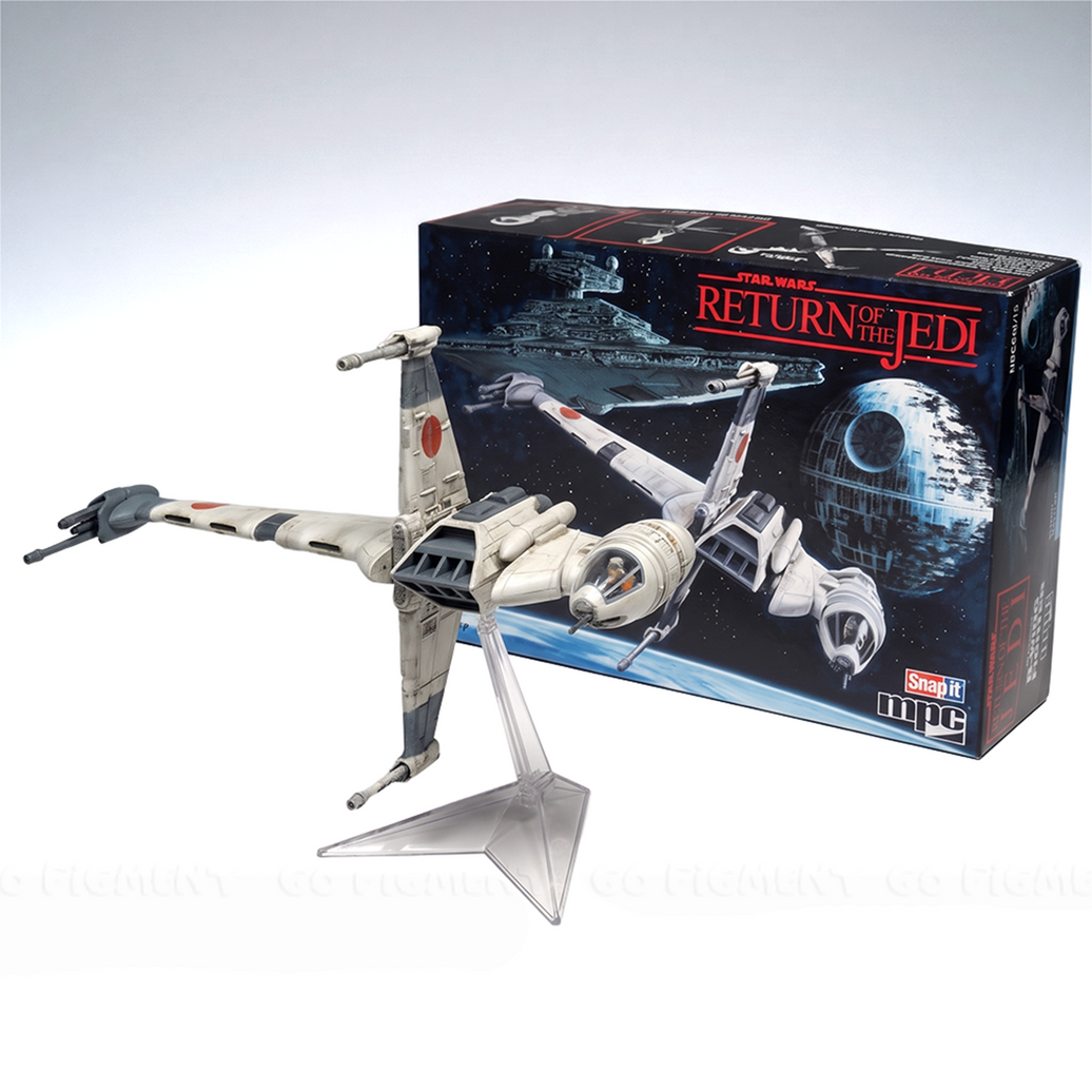 Return of the Jedi B-Wing Fighter MPC Star Wars 1/144 Scale Model Kit by Atlantis Models with display stand and packaging.