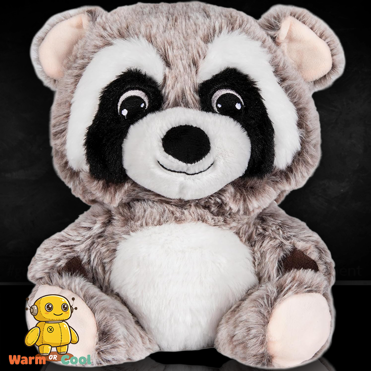 Soft raccoon plush toy with weighted body and lavender scent for soothing warmth or cooling relief.