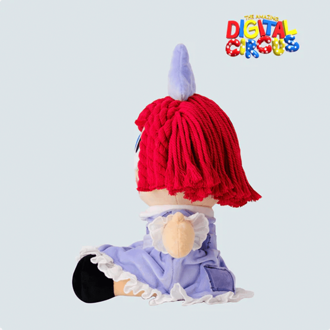 Glitch Ragatha plush from The Amazing Digital Circus wearing purple dress with red yarn hair and blue button eye on light background