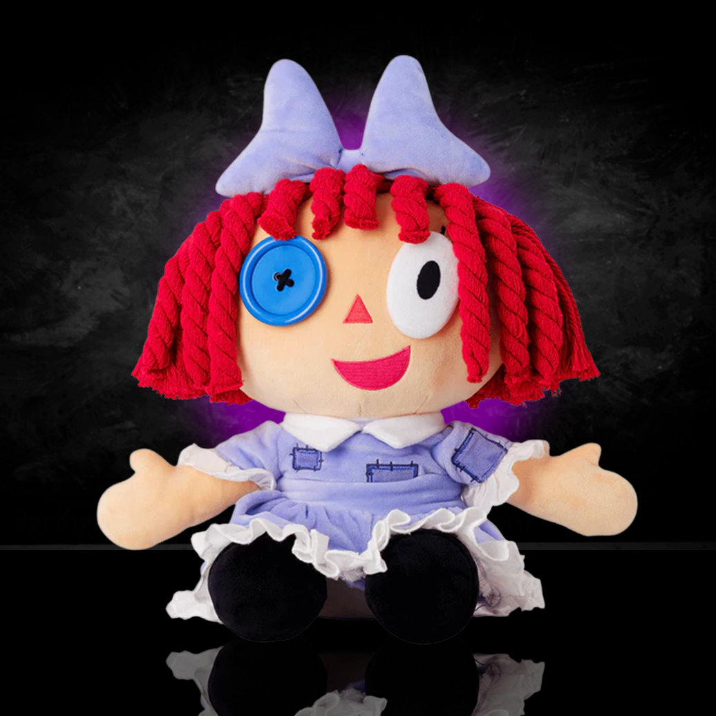 Glitch Ragatha plush doll with red yarn hair, purple dress, blue button eye, and stitched smile on dark background