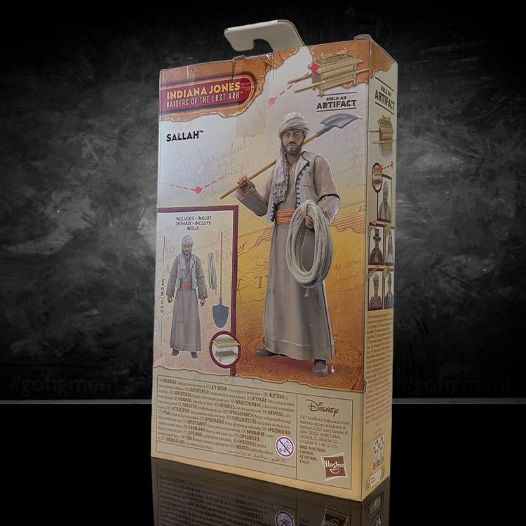 Hasbro Sallah action figure in map room outfit holding shovel and rope accessory in Raiders of the Lost Ark packaging