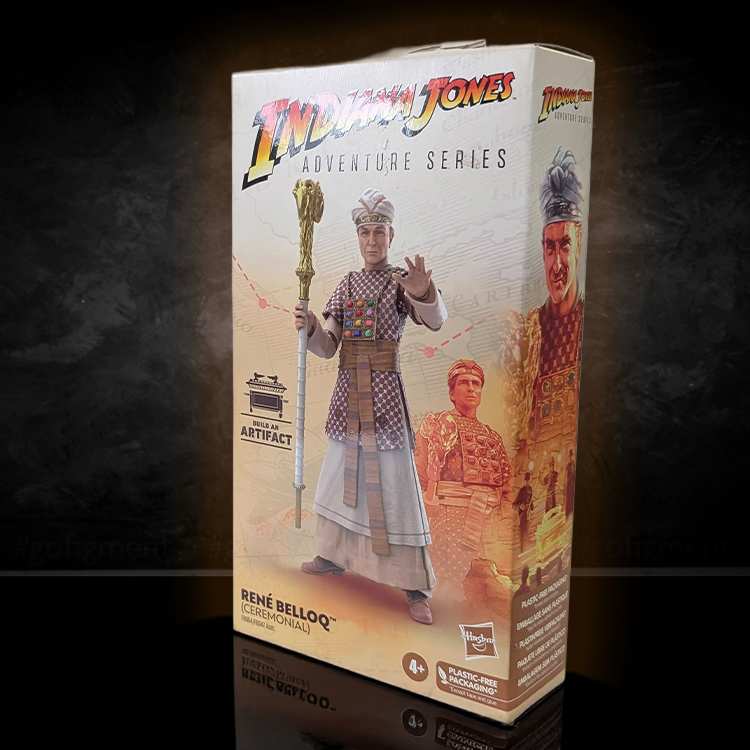 Hasbro Indiana Jones Rene Belloq figure in ceremonial robe with staff and artifact from Adventure Series packaging